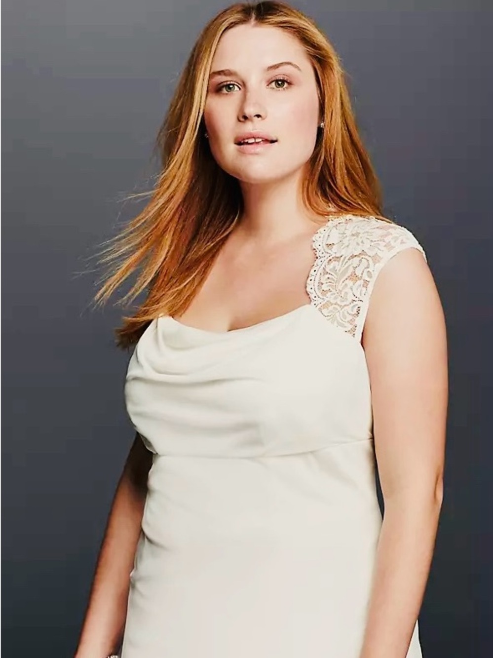 David's Bridal Cream Lace Cap-Sleeve Maxi Dress